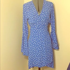 Blue wrap belle sleeve dress